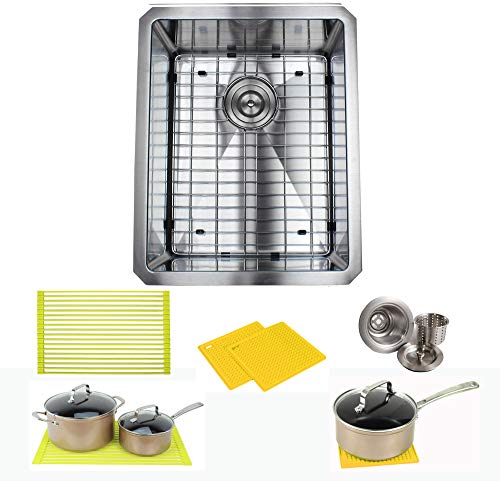 Premium 16 Inch Stainless Steel Kitchen Bar Sink Package - 16 Gauge Undermount Single Bowl Basin - Complete Sink Pack + Bonus Kitchen Accessories - Ideal For Home Improvement, Renovation