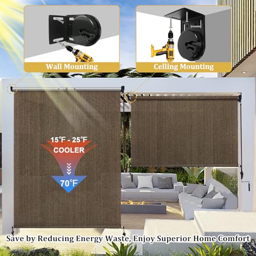 Image of Shade&Beyond Patio Shades Roll up Outdoor Roller Shade Blinds 9' W x 8' H, Cordless with 90% UV Protection, Exterior Sunshade Cloth Roll for Pergola Porch Gazebo Balcony, HDPE Fabric, Mocha