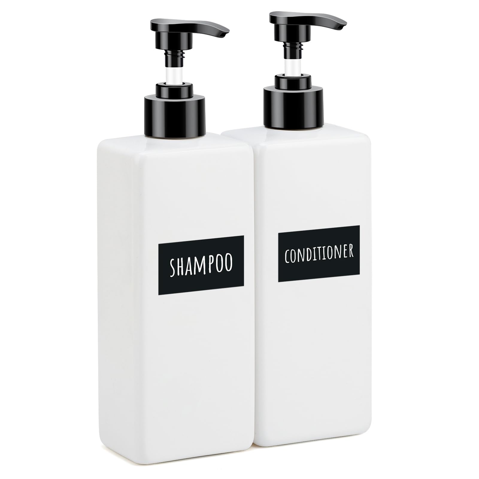 Segbeauty 16.9oz Bathroom Soap Dispenser, 2pcs White Refillable Shampoo and Conditioner Bottles, 500ml Empty Plastic Square Press Pump Bottle Hand Soap Dispenser for Modern Bathroom Kitchen Decor