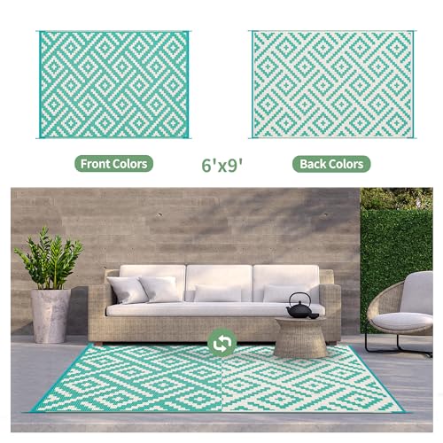 Image of GENIMO Outdoor Rug, Waterproof Plastic Rugs for Patio, 6'x9' Lakegreen | Outside Larger Modern Carpet Mat for Porch Decor, Deck, Balcony, Camping, RV, Backyard, Picnic, Beach, Reversible, Foldable