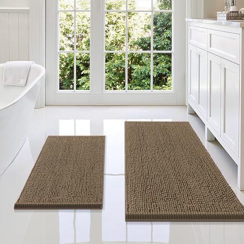Image of Smiry Bathroom Rugs Sets 2 Piece, Soft Absorbent Chenille Machine Washable Non Slip Shaggy Bath Rug Set for Tub, Shower, and Floor (36x24+24x16, Camel)