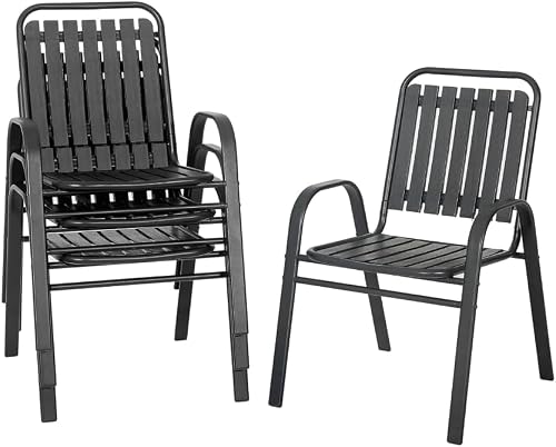 INV-Patio Chairs Set of 4, Outdoor Stackable Dining Chairs for All Weather, Lightweight Steel Outdoor Chair Sets with Armrests, 300Lbs Capacity, for Backyard Porch Poolside Garden, Black