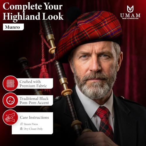 Image of Scottish Tam O' Shanter Hat Tartan Bonnet Pom Pom Wool Flat Cap One Size