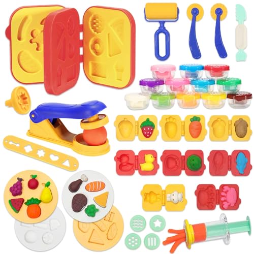 VBACALA Set Plastilina per Bambini-41Pezzi, Giocattolo Cucina Creativo con Estrusore Plastilina, libro di stampi da cucina Stampini per Animali Frutta Verdura, Regalo Educativo per Bambini 3-6 Anni