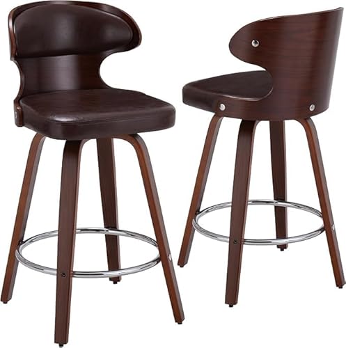 OneBlis Mid Counter Height Bar Stools Set of 2, 360 Degree Swivel, Walnut Finish