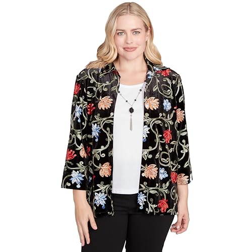 Alfred Dunner Women's Rich Velvet Floral Two in One Top with Necklace, Size L, Black
