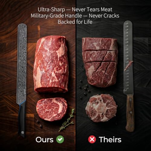 Image of FINTISO Brisket Knife 11.6 Inch, 67-Layer Damascus Steel Carving Knife for Meat, Razor Sharp Japanese Slicing Knives for BBQ Roasts, Turkey, Ergonomic Full Tang G10 Handle - Zeus Series