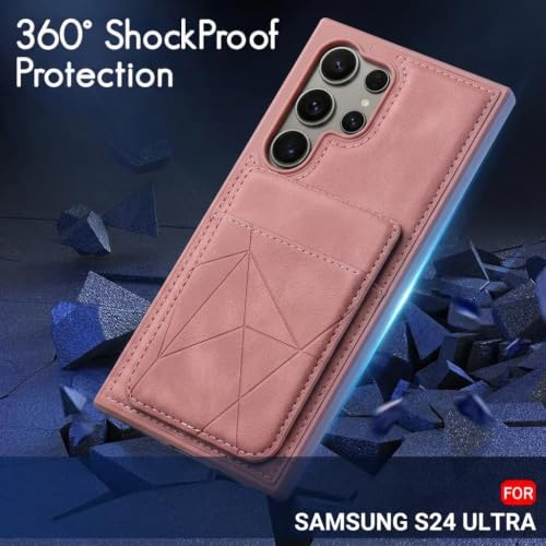 Image of amazon basics Premium Vegan Leather Back Cover with Card Holder and Integrated Mobile Stand for Samsung Galaxy S24 Ultra 5G - Slim Shockproof Wallet Case with Geometric Stitching [Pink]