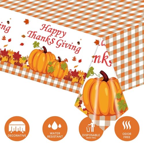 2 Pack Happy Thanksgiving Tablecloth, Fall Pumpkin Maple Leaves Plastic Table Cloth Autumn Disposable Rectangle Plaid Table Cover for Thanksgiving Day Tables Decor Party Decorations, 54x108 Inch - image 3