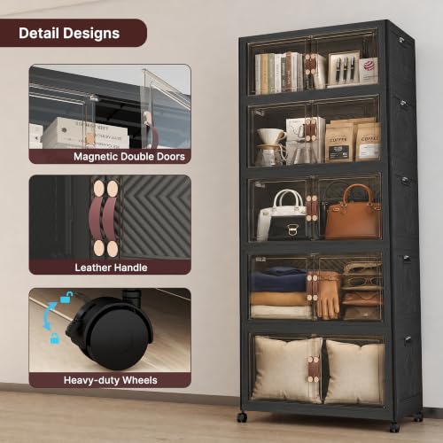 Image of Stackable Storage Bins with Lids, 550QT Lockable Storage Cabinet | Closet Organizers, Foldable Storage Box with Doors and Wheels, Plastic Drawers for Home, Garage, Office (5, Black, Plus)