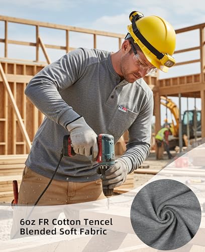 Image of BOCOMAL FR Shirts for Men Long Sleeve EX Soft Flame Resistant Henley CAT2 | NFPA2112 6oz Midweight Cotton Knit Heather Series,Moisture-Wicking /Breathable,Chest Pocket,Rib-Knit Cuffs,Summer Work T Shirt