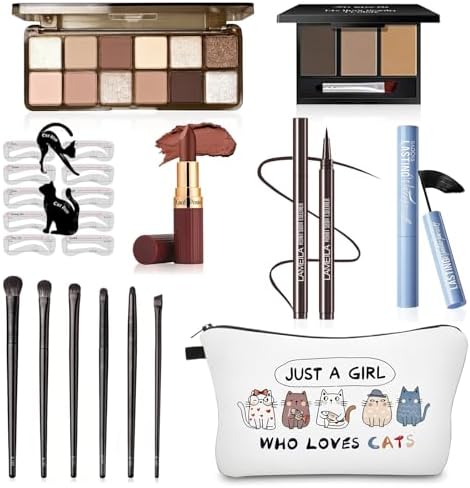 Basic Eye Makeup Kit for Women, 90s Neutral Eyeshadow, Brow Powder, Brow Stencils, Cat Eyeliner Guides, Taupe Matte Lipstick, Cat Lover Cosmetic Bag & etc. - Perfect Makeup Gift Set for Girls & Teens.