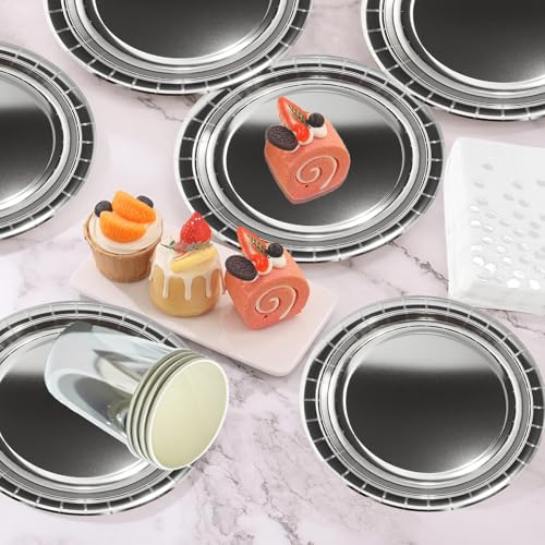 69pcs Metallic Silver Party Tableware,Foil Silver Paper Plates Cups Dot Napkins and Tablecloth Kit,Shiny Paper Dinnerware for Christmas Birthday Party Supplies Table Decorations - Image 5