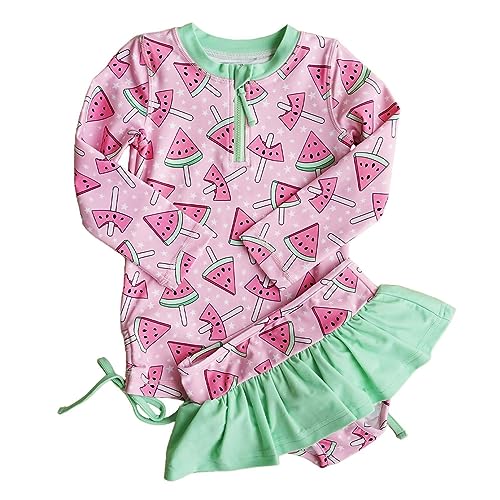 Image of Caden Lane Long Sleeve Rash Guard Top with Ruffle Skirt, UPF 50+ Sun Protection Swimwear with Quick-Dry & Chlorine-Resistant Fabric, Soft & Comfy Beachwear for Girls, Watermelon Cutie, 6-12 Months