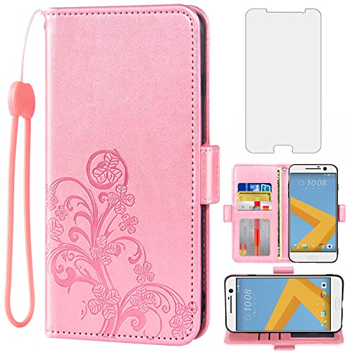 Asuwish Compatible with HTC 10 Wallet Case and Tempered Glass Screen Protector Flip Purse Accessories Wrist Strap Credit Card Holder Stand Magnetic Cell Phone Cover for HTC One M10 Women Men Rose Gold