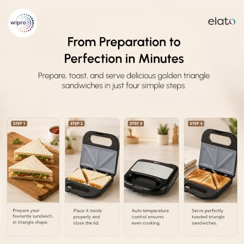 Image of Wipro Elato BS102 Signature 800W Toast Sandwich Maker|Ceramic Coated Plates|BPA Free|PTFE, PFAS & PFOA Free|Auto Temperature Control|Cool Touch Handle|Fits 2 Regular Bread Slices|2 Year Warranty