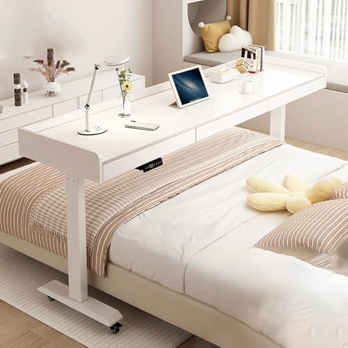 Mobile Electric Adjustable Height Bed Desk with Drawer - Rolling Overbed Table with Wheels for Home & Hospital, Ideal for Laptop Work in Bedroom or Medical Use