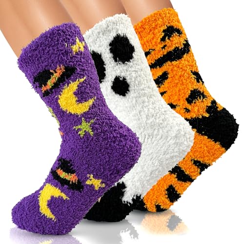 72-Needle Buttery Soft Halloween Fuzzy Socks for Women Cozy Funny Crazy Cute Fluffy Warm Slipper Socks for Girls 3 Pairs, Halloween Gifts Boo Spooky Basket Stuffers