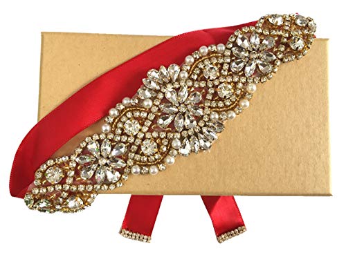 ZIUMUDY Bridal Rhinestone Belts Handmade Clear Crystal Sashes Wedding Belts For Evening Gowns (Gold-red)