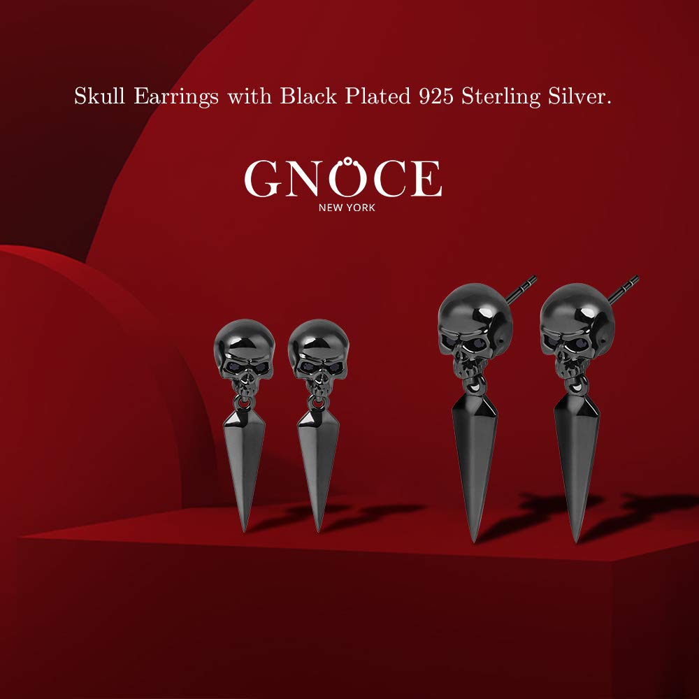 Gnoce Pendientes de calavera de plata de ley con punzón negro, aretes colgantes de moda para mujeres y hombres