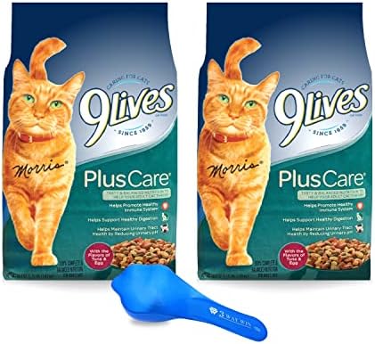 3 WAY WIN 9 Lives Cat Food Dry Plus Care Bundle | Includes 2 Bags of 9 Lives Plus Care Dry Cat Food Tuna & Egg Flavor (3.15 LB) | Plus Paw Food Scoop!