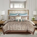 Madison Park Aubrey Cozy Comforter Set, Faux Silk Jacquard Paisley Design - All Season Down Alternative Bedding with Cotton Bed Sheets, Bed Skirt & Toss Pillows, Queen Blue 12 Piece