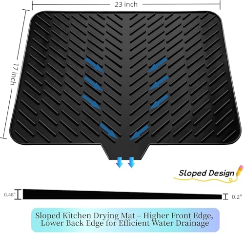 Image of SONANI Silicone Dish Drying Mat for Kitchen, Large 23 x 17 Inch Dish Drainer Mat with Drain Lip, Waterproof Heat Resistant Non-Slip Silicone Mat for Sink & Counter, Utensil Dish Drying Mat (Black)