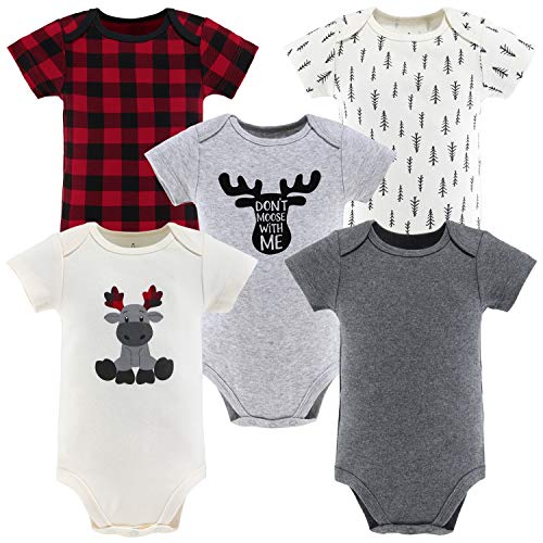 The Peanutshell Short Sleeve Baby Bodysuits Set for Boys or Girls - Woodland Animal & Buffalo Plaid - 5 Pack Set (3M)