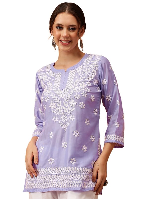 Image of Ada Women's Muslin Straight Fit Tunic Hand Embroidered Lucknowi Chikankari Straight Top Short Kurti A911420
