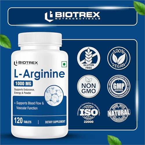 Image of Biotrex Nutraceuticals L-Arginine 1000mg Supplement | Nitric Oxide Booster & Muscle Growth | Blood Flow & Heart Health | Pre Workout | Non-GMO | 120 Tablets