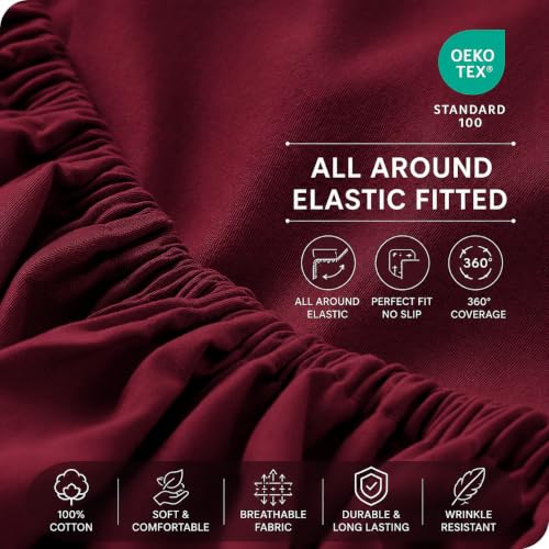 Image of 600 TC 100% Egyptian Cotton Fitted Sheet for King Bed Size Fitted Bed Sheet with Pillow Cover for Bedroom, Soft Hotel Quality Size - 72 x78+12 Burgundy Pillow Cover Size -18 x 28 Inch