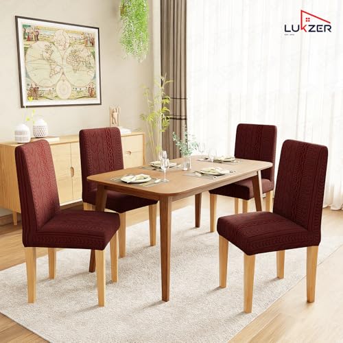 Image of Lukzer Elastic Dining Chair Cover - 4PC Pastel Deep Maroon Zigzag | Textured High Stretch Jacquard Seat Cover | Removable Washable Short Dining Chair Cover Protector Seat Slipcover | (CC-138-04)