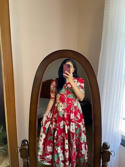 Image of Women's Floral Printed Tiered Midi Dress, Puff Sleeves, Square Neck, Button-Front