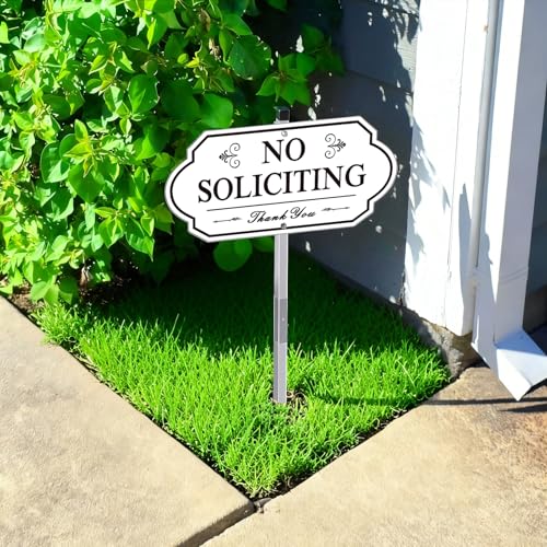Image of Heavy Duty No Soliciting Sign for House - All Metal Construction No Soliciting Yard Sign - 14 inch x 7 inch - Aluminum - with 28 inch Long Stake (BLACK and WHITE)