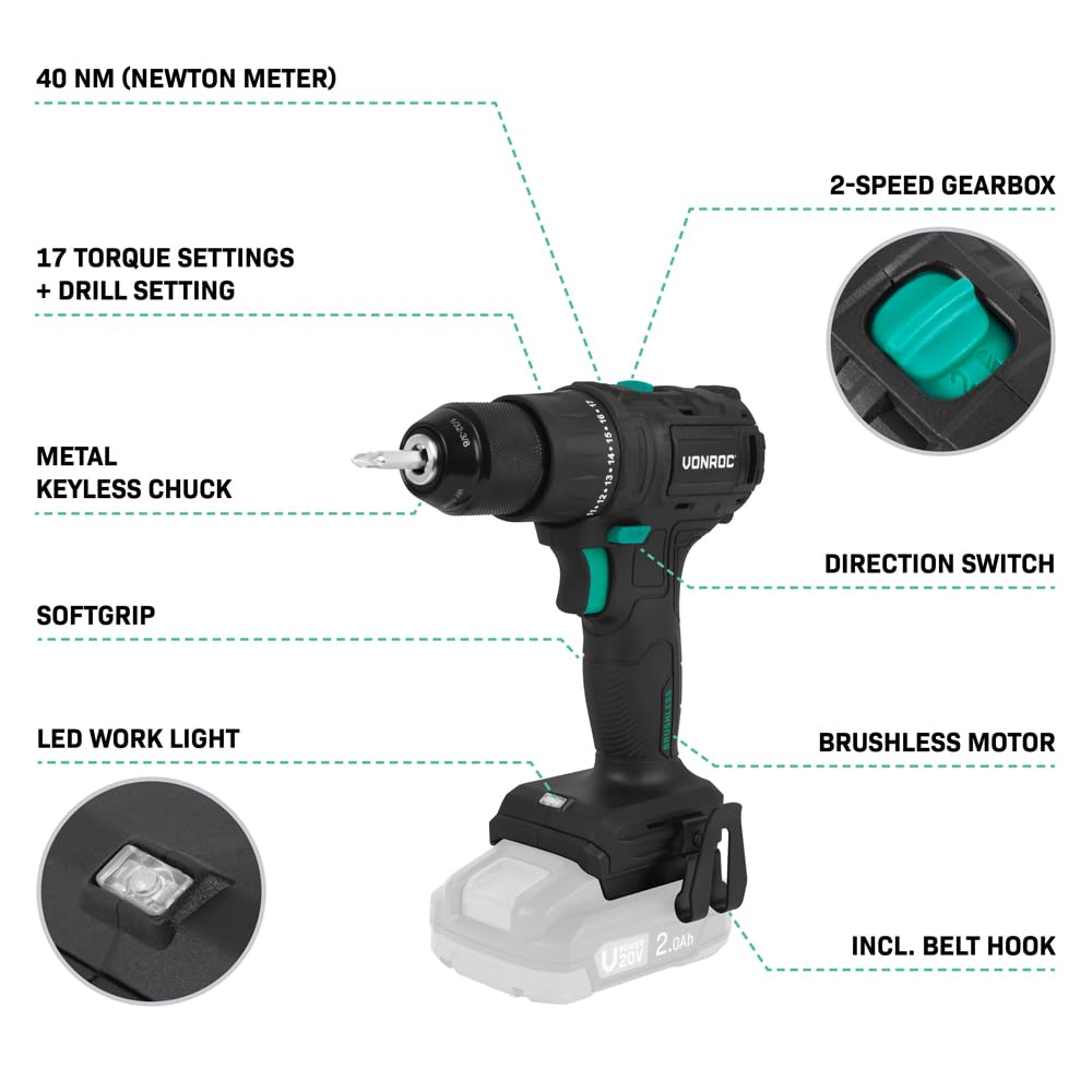 VONROC Taladro Atornillador Eléctrico PRO 20V con Motor Brushless – 40Nm, Sin Batería ni Cargador