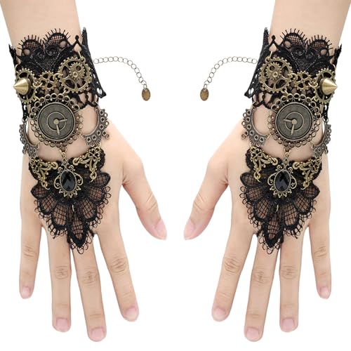Ngdhkd Fingerless Gloves Gothic Floral Steampunk Wristband Bronze Gears Lace Wristband Clock Gothic Vintage Gloves for Cosplay Halloween Decor Black