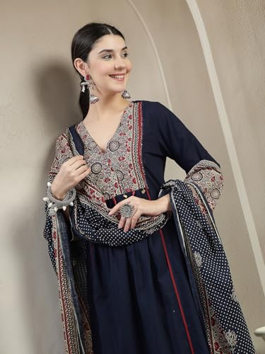 Image of Stylum Women's Ajrakh Printed Cotton A-Line Kurta Pant Dupatta Set