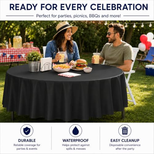 Image of Party Dimensions Black Disposable Plastic Tablecloth, Round, 84 inch, 12 Pack