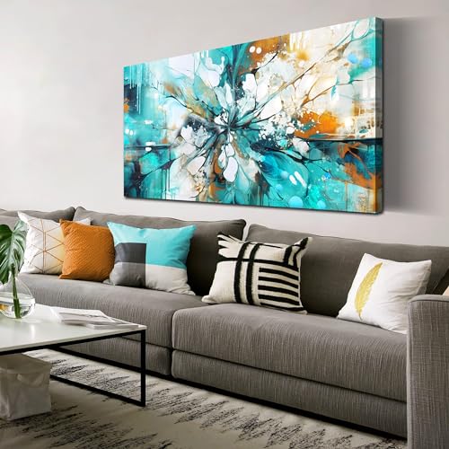 Large Abstract Canvas Wall Art for Living Room Bedroom Teal White Abstract Picture Framed Canvas Prints Ready to Hang Modern Home Decor Size 24x48