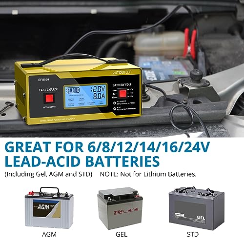 Image of AUTOUTLET Upgraded 6 /8 /12 /14 /16 /24V Battery Charger Automotive Smart Car Battery Charger and Trickle Maintainer 0-14A Fully Automatic with Cable Clamps for Lead-Acid Batteries(NOT Lithium Battery)