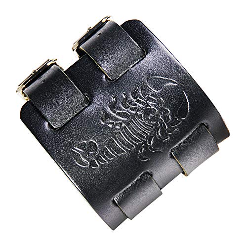 FRER Pulsera Cuero Patrón De Escorpiones Vikingos Pulsera De Cuero Trenzado Brazalete De Diseño Ajustable Pulsera De Cuero Negro Joyería del Encanto para Mujeres Hombres Regalo