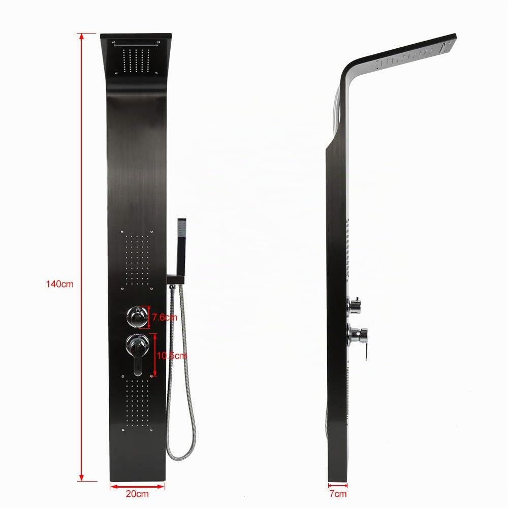 Colonna Doccia Idromassaggio Pannello Doccia Set in 304 Acciaio Inox con Miscelatore 5 Funzioni, Doccia Spa per Bagno, Altezza: 140 cm - Processo di lucidatura (Nero)