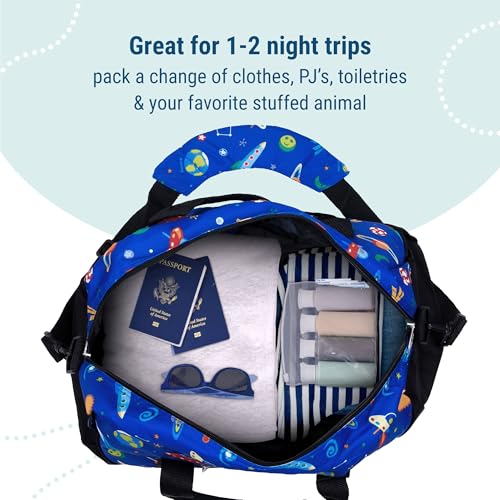 Image of Wildkin Kids Overnighter Duffel Bag - Carry-On Travel Bag for School & Sleepovers, Lightweight, Durable, Boys & Girls Ages 4-15 - Out of this World