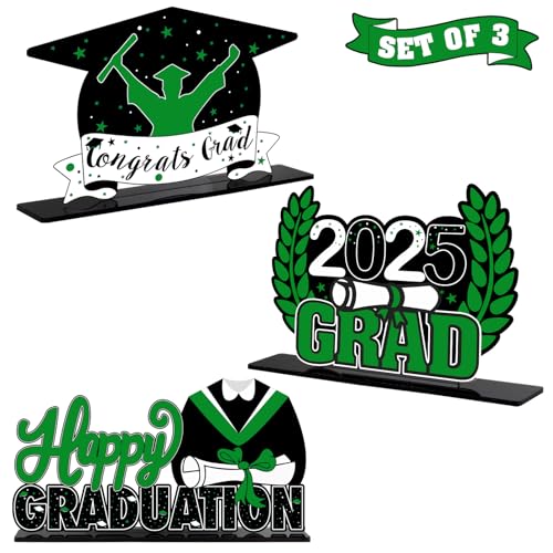 LINGTEER Class of 2025 Graduation Party Decorations - 3Pcs Congrats Grad 2025 School Graduation Acrylic Table Centerpieces Gift Stand Decorations - Green.