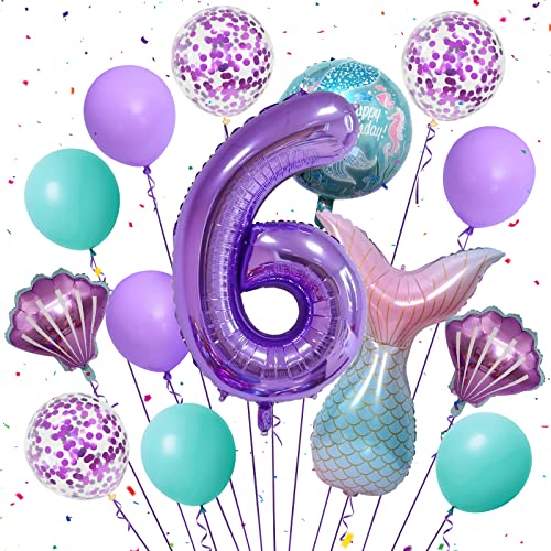 Mermaid Balloons Mermaid Party Decorations, Mermaid Tail Balloon 40 Inch Number 6 Foil Balloon purple 18" Mermaid Foil Balloons Set, for Girls 6th Birthday Decorations Mermaid Party Supplies