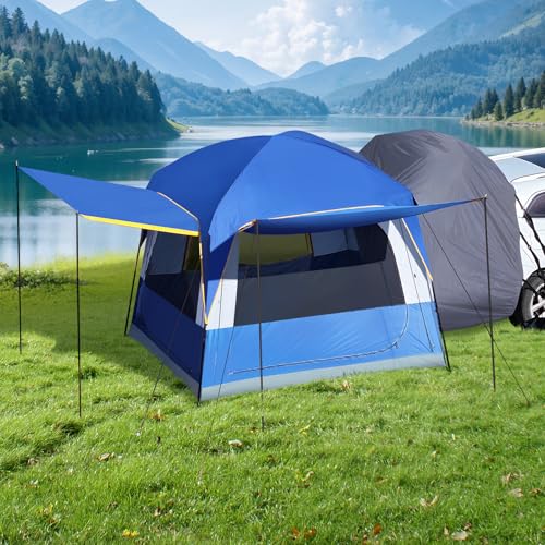 SUV Tent for Camping with 2 Awnings, 4-6 Person Car Truck Camping Tent with Thickened Poles, Waterproof PU3000mm SUV Tailgate Van with Rainfly, Navy Blue