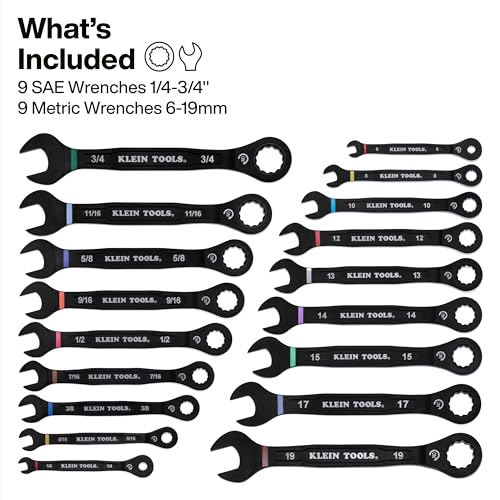 KLEIN TOOLS 69418CG 18-Piece Combination Ratcheting Wrench Set, SAE 1/4 to 3/4-Inch and Metric 6 to 19 mm, 90-Tooth Ratchet, MODbox Compatible, Color-Coded Sizes - Image 3