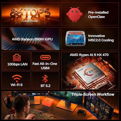Image of Beelink OpenClaw AI Mini PC, SER10 MAX Ryzen AI 9 HX 470 (86 Tops, up to 5.2GHz), 32GB DDR5 1TB SSD, Radeon 890M Graphics, 10Gbps LAN, WiFi 6+BT5.2, 4K Triple Display, USB4, Gaming & AI Workstation