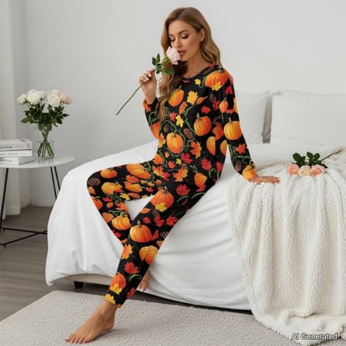 Image of Womens Lounge Set Long Sleeve Soft Pajama Sets | Casual 2 Piece Pj Outfit, Crewneck Sleepwear with Pockets, Adjustable Drawstring, Soft Comfy Fall Pajamas, Plus Size