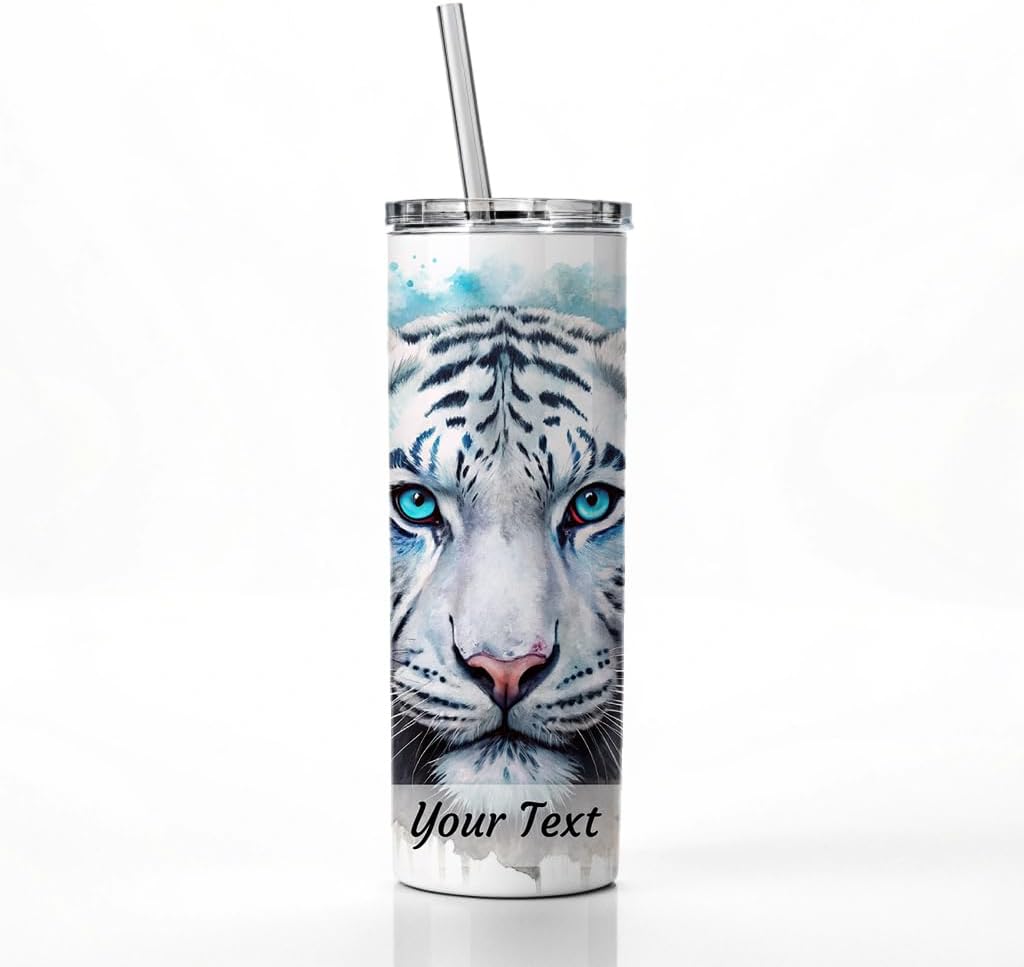 Personalized Custom Name Text White Tiger Face Watercolor Skinny Tumbler 20oz with Straw Insulated Water Bottle Gift - 1 Line Horizontal